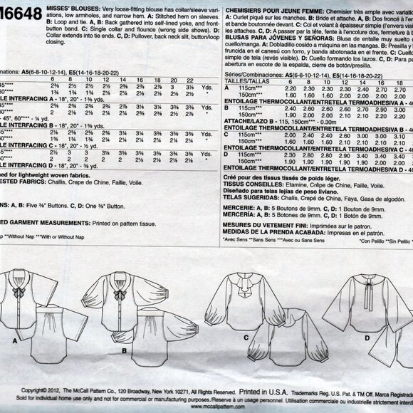 McCall's 6648 Various Styles Blouses Sewing Pattern Size 14-16-18-20-22 - Picture 2 of 2